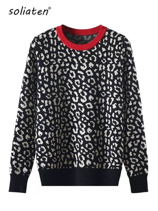 Autumn Winter Women Sweaters Leopard Knitted Pullovers Long Sleeve Contrast Color Crewneck Jumpers Sweter Mujer C- 026 - Beauty on Wings