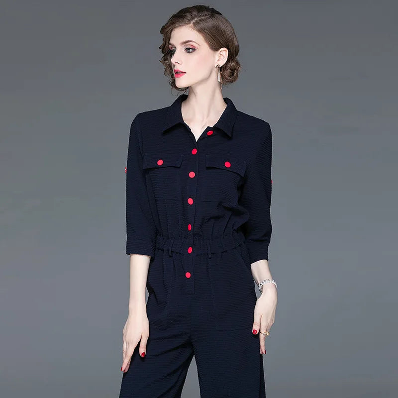 Women's 2023 autumn new fashion lapel cropped sleeves autumn section jumpsuit - Beauty on Wings