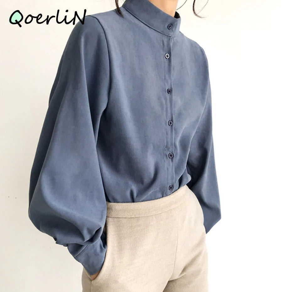 Big Lantern Sleeve Blouse Women Autumn Winter Single Breasted Stand Collar Shirts Office Work Blouse Solid Vintage Blouse Shirts - Beauty on Wings