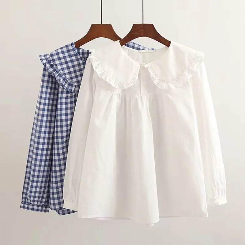 Women Plaid Shirt Long Sleeve Spring Summer Tops Ladies Japanese Mori Girl Peter pan Collar Cute Baby doll Cotton White Blouses - Beauty on Wings