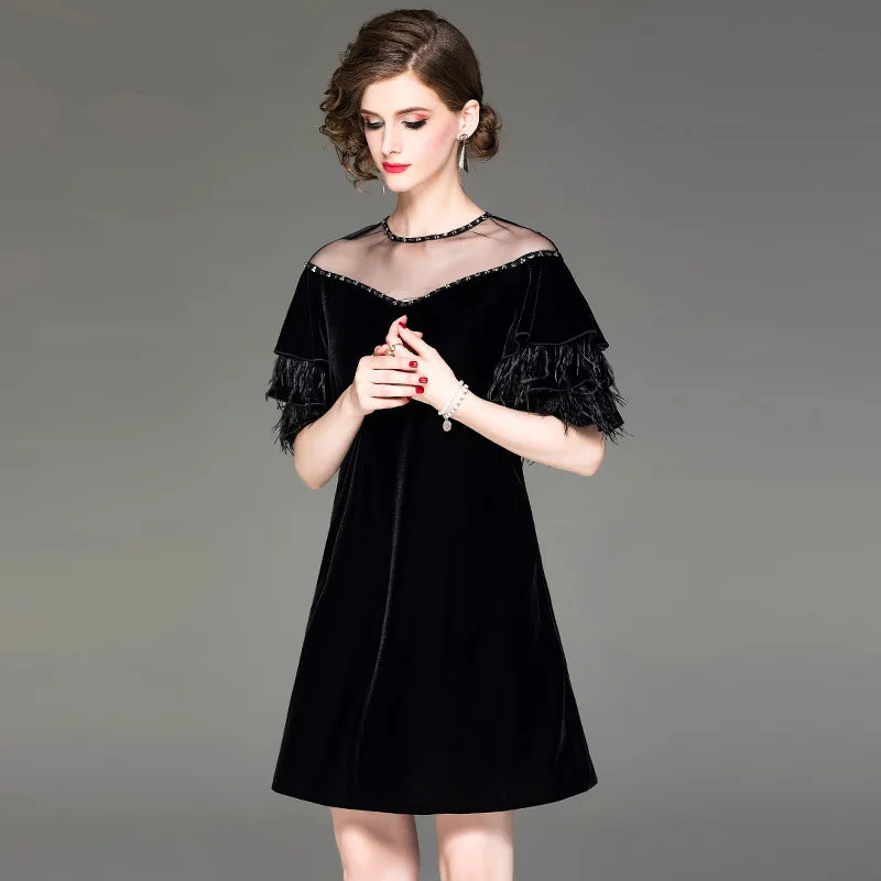 Autumn new women beaded mesh round neck velvet dress ostrich feather lotus leaf sleeve dresses - Beauty on Wings