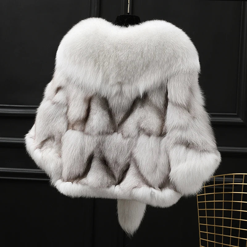 Winter Cloak Warm  Women Cardigan big real Fox Fur Collar Cape Fashion Solid Poncho With medium Fur Sleeves Evening dress shaw - Beauty on Wings