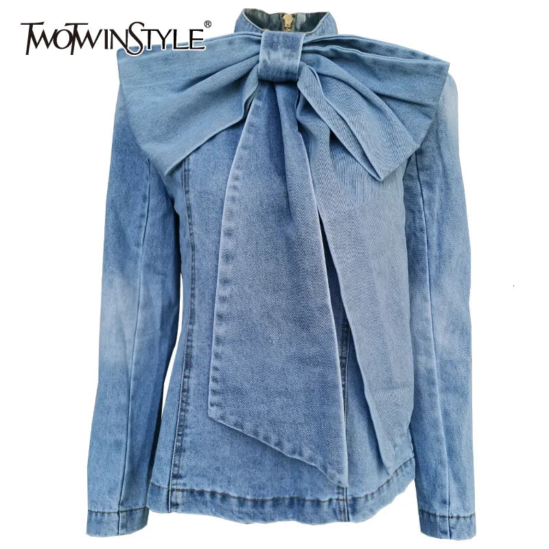 TWOTWINSTYLE Patchwork Bow Denim Women's Jacket Stand Collar Long Sleeve Vintage Ruched Jackets For Female 2022 Fashion Clothing - Beauty on Wings