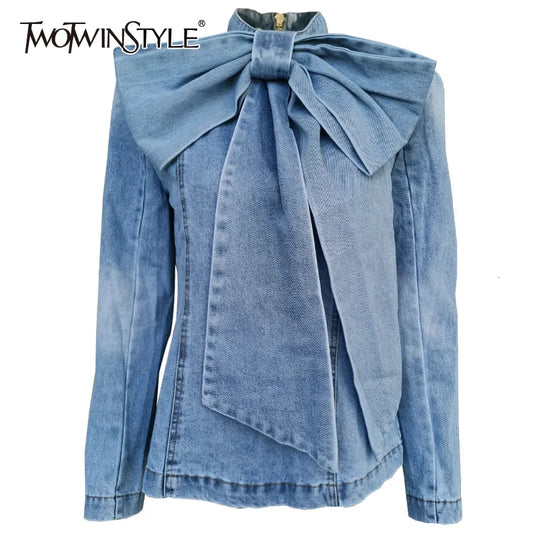 TWOTWINSTYLE Patchwork Bow Denim Women's Jacket Stand Collar Long Sleeve Vintage Ruched Jackets For Female 2022 Fashion Clothing - Beauty on Wings
