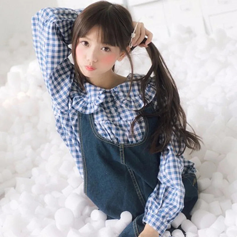 Women Plaid Shirt Long Sleeve Spring Summer Tops Ladies Japanese Mori Girl Peter pan Collar Cute Baby doll Cotton White Blouses - Beauty on Wings