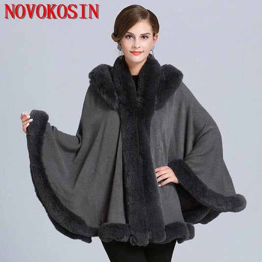 5 Color Winter Thick Warm Grey Black Poncho Cape Women Faux Fur Neck Knitted Cloak Big Pendulum Loose Cardigan Coat With Hat - Beauty on Wings