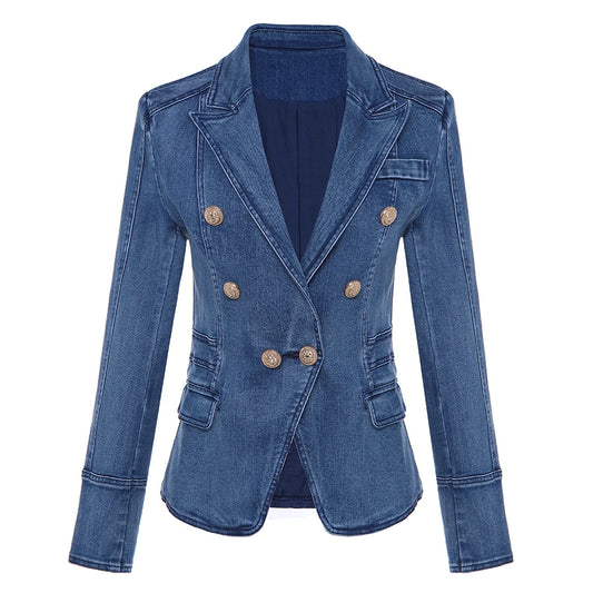 HIGH QUALITY New Fashion 2024 Designer Blazer Women's Metal Lion Buttons Double Breasted Denim Blazer Jacket Outer Coat - Beauty on Wings