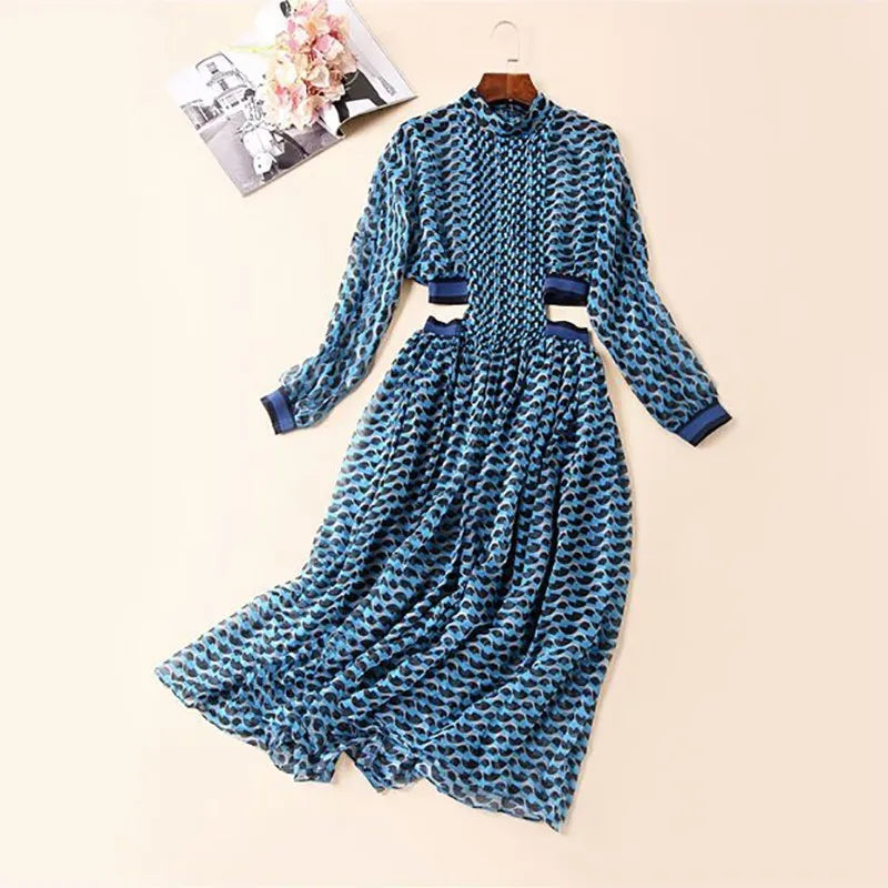 TWOTWINSTYLE Summer Print Dress For Women Stand Collar Long Sleeve High Waist Hollow Out Midi Dresses Female Fashion 2022 New - Beauty on Wings