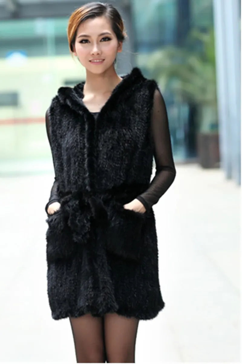 New Genuine knitted mink fur vest hooded mink fur vest warm winter fur coat - Beauty on Wings