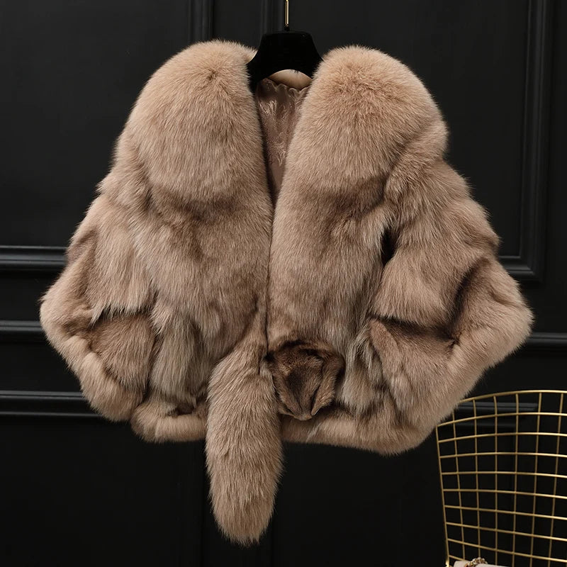 Winter Cloak Warm  Women Cardigan big real Fox Fur Collar Cape Fashion Solid Poncho With medium Fur Sleeves Evening dress shaw - Beauty on Wings
