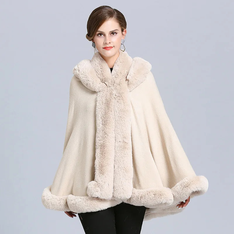 5 Color Winter Thick Warm Grey Black Poncho Cape Women Faux Fur Neck Knitted Cloak Big Pendulum Loose Cardigan Coat With Hat - Beauty on Wings