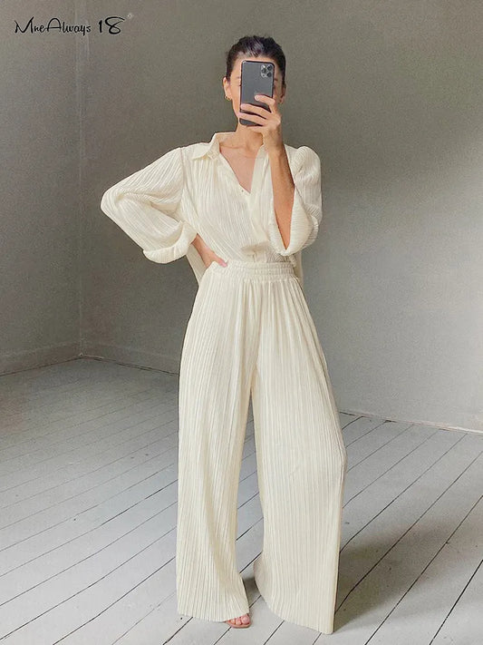 Mnealways18 Beige Pleated Wide Leg Pants Womens Pants Fashion 2024 Casual Loose Trousers Office Lady Elegant Long Palazzo Pants - Beauty on Wings