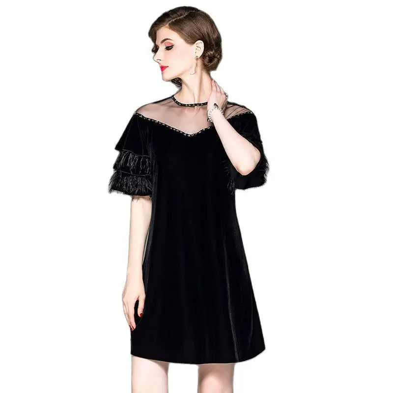Autumn new women beaded mesh round neck velvet dress ostrich feather lotus leaf sleeve dresses - Beauty on Wings