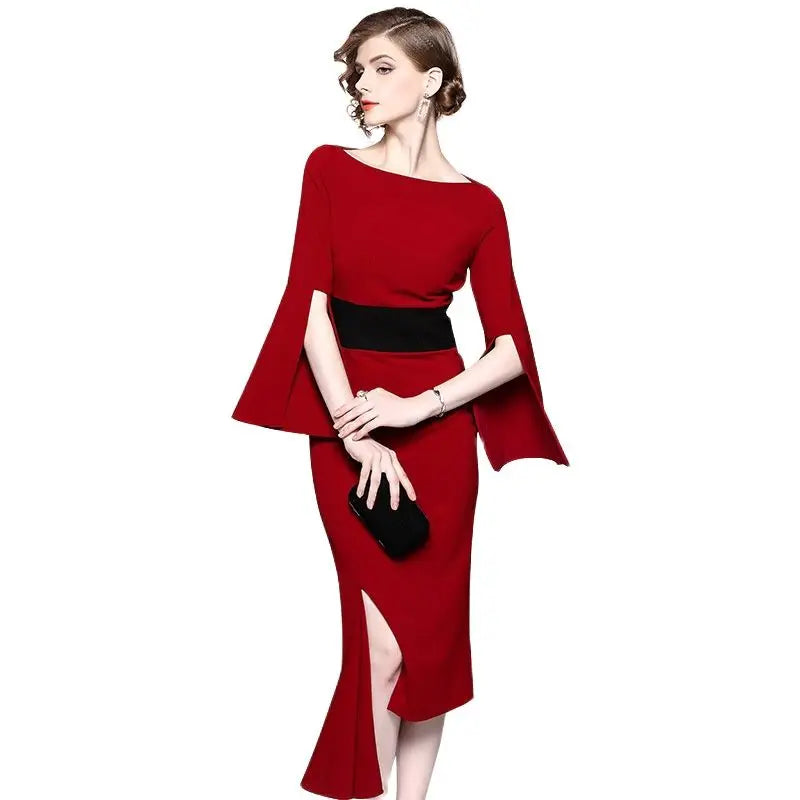 New irregular waist-tightening dresses red medium-length dress for solid slash neck flare sleevebanquet in 2023 - Beauty on Wings