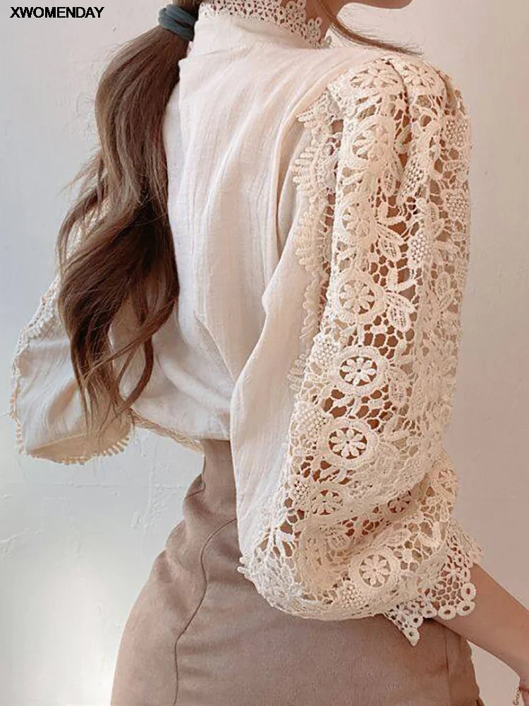 Women Chiffon Button Turtleneck Shirt Chic Elegant Floral Lace Fluffy Long Sleeve Top Fashion Hollow Oversize White Blouse 2024 - Beauty on Wings