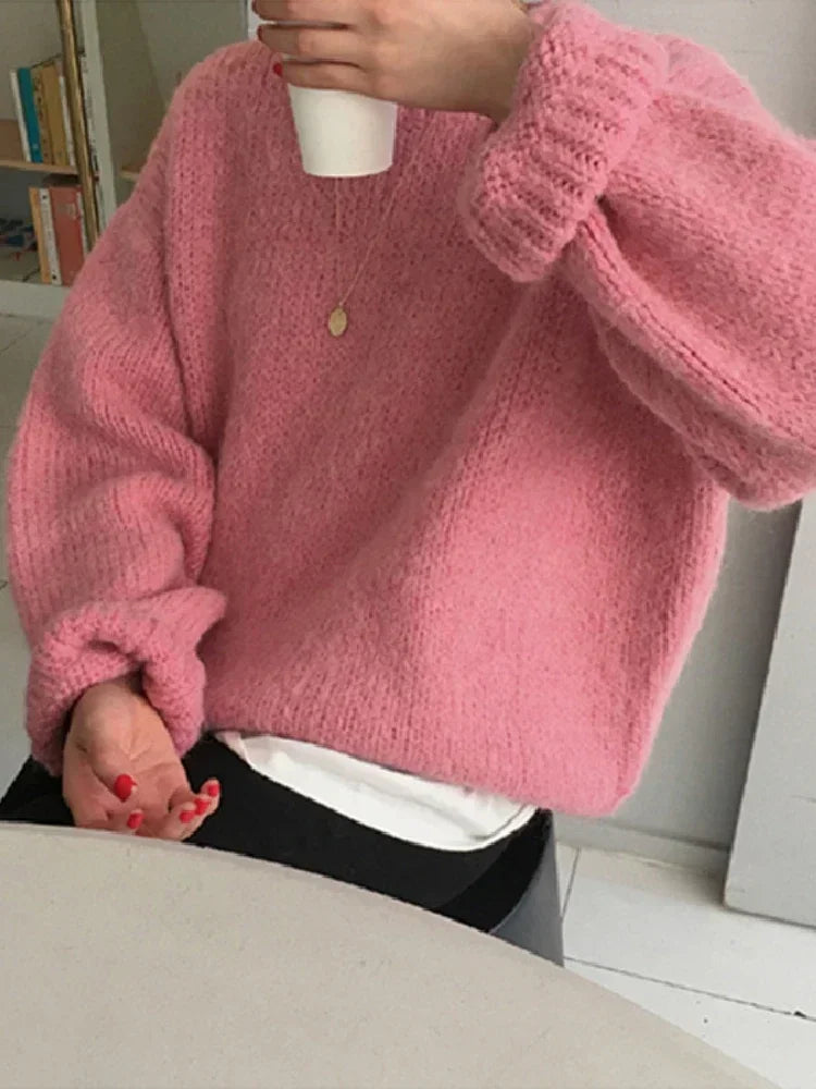 10 Colors Pink Women Sweater Womens Winter Sweaters Pullover Female Knitting Overszie Long Sleeve Loose Knitted Outerwear White - Beauty on Wings