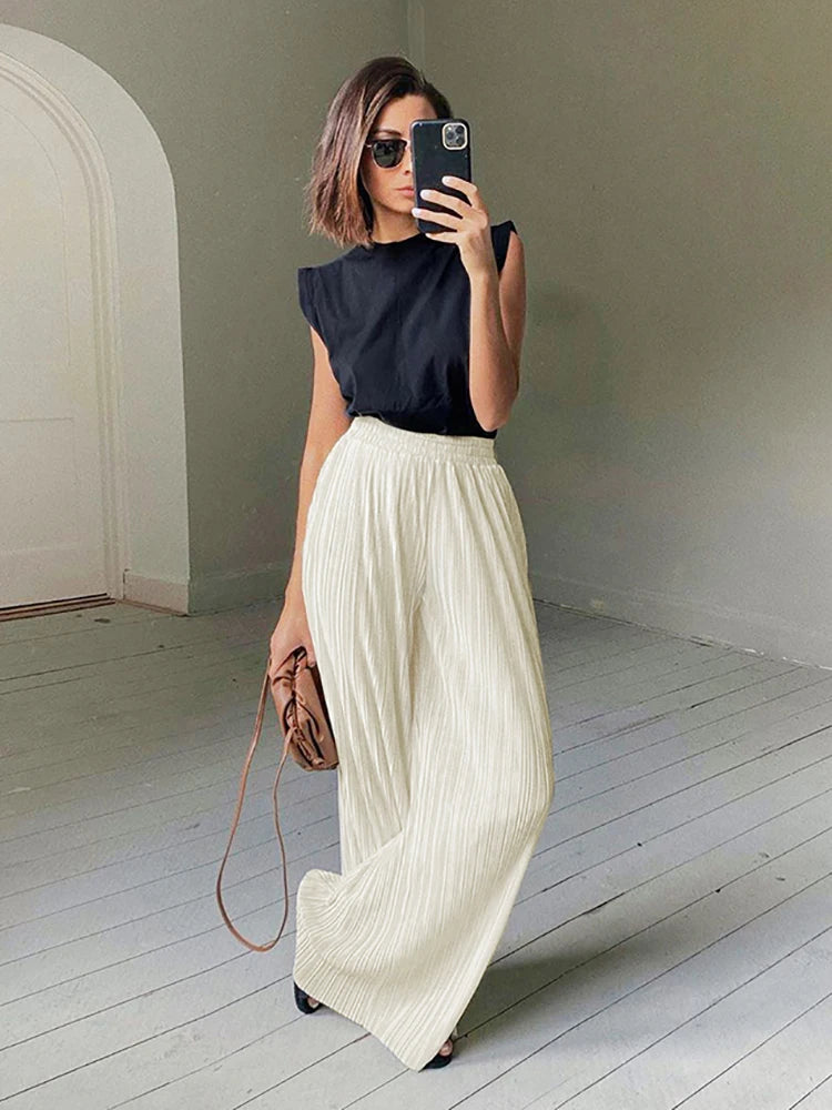 Mnealways18 Beige Pleated Wide Leg Pants Womens Pants Fashion 2024 Casual Loose Trousers Office Lady Elegant Long Palazzo Pants - Beauty on Wings