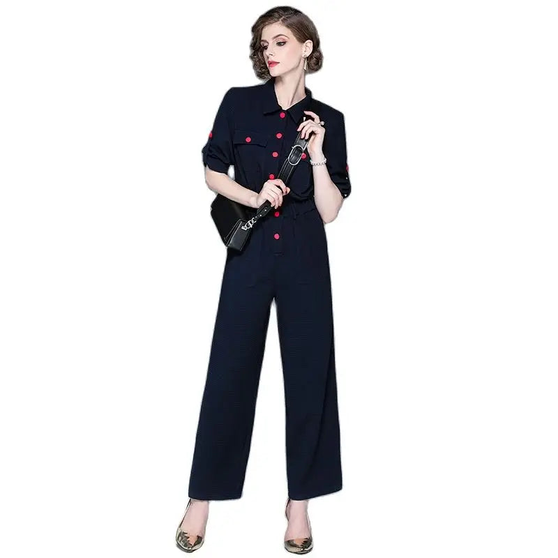 Women's 2023 autumn new fashion lapel cropped sleeves autumn section jumpsuit - Beauty on Wings