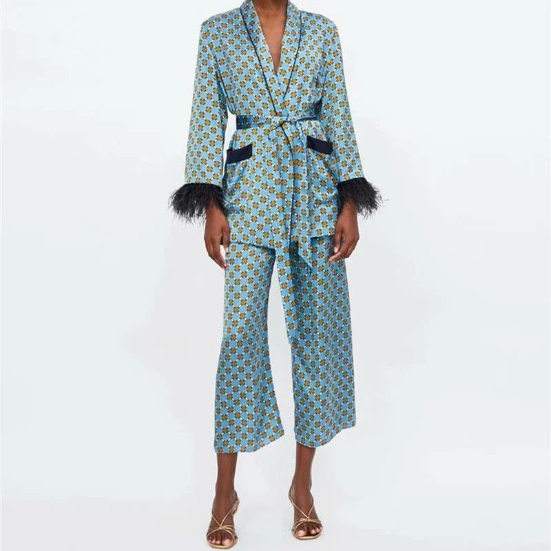 Women's Suits Sunc Spring LOOSE Blue Printed Kimono Jacket with Feather Sleeves Wide Leg Pants Two-piece Viintage Clothing Suits - Beauty on Wings