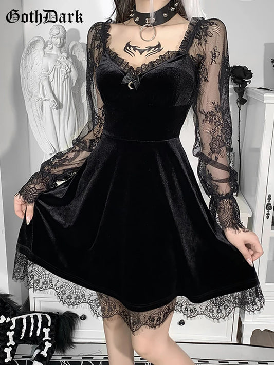 Goth Dark Velour Gothic Aesthetic Vintage Dresses Women's Lace Patchwork Grunge Black Dress Long Sleeve A-line Autumn Partywear - Beauty on Wings