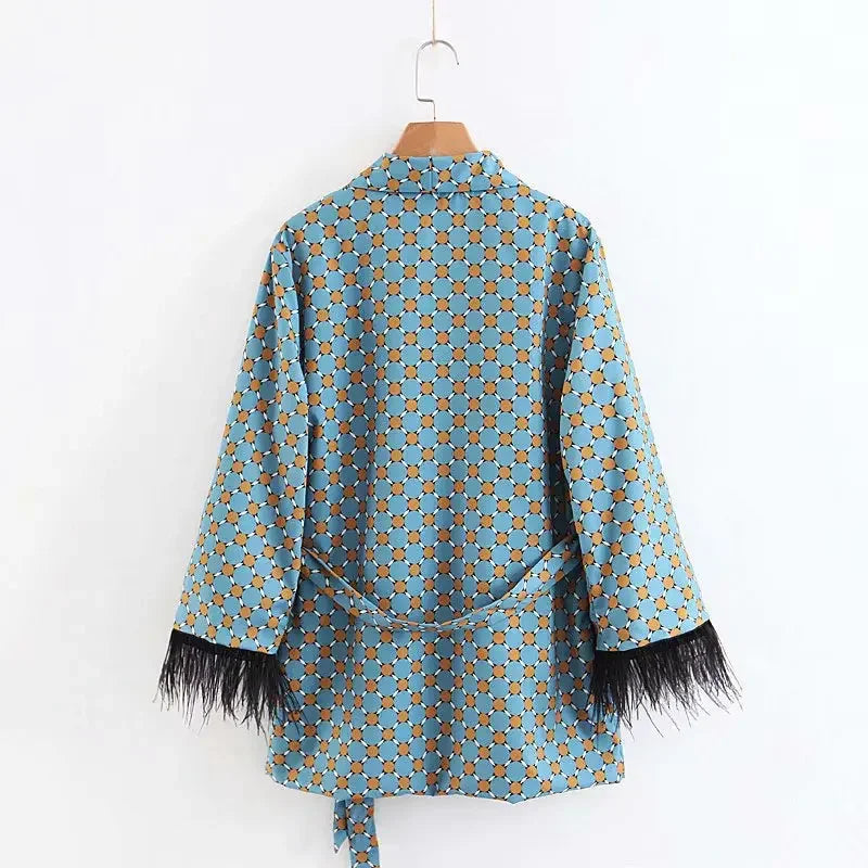 Women's Suits Sunc Spring LOOSE Blue Printed Kimono Jacket with Feather Sleeves Wide Leg Pants Two-piece Viintage Clothing Suits - Beauty on Wings