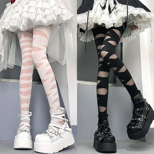 Gothic Lolita Bandage Design Soft Velvet Tights Women Sexy Cross Strap Bottom Stockings Punk Emo JK Cosplay Cute Girls Hosiery - Beauty on Wings