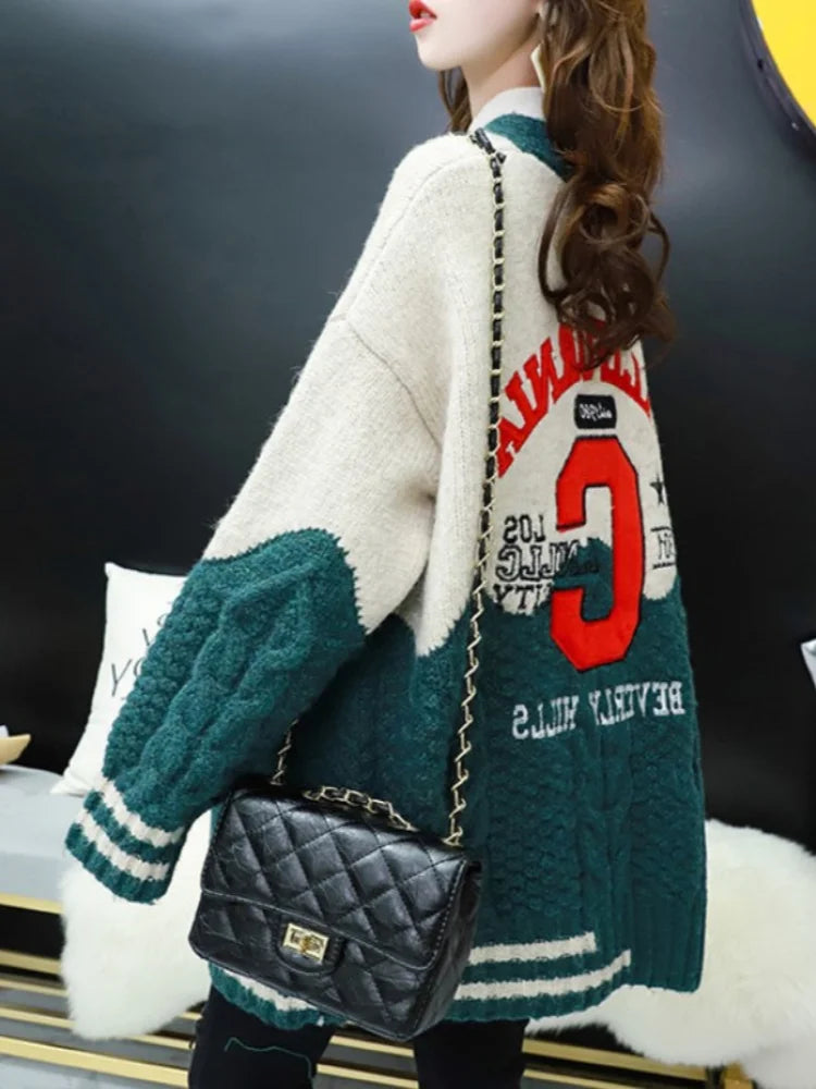 H.SA 2022 Women Oversized Cardigans V Neck Letters Embroidery Casual Patchwork Loose Jumpers Thick Warm Spring Knit Jacket Coat - Beauty on Wings