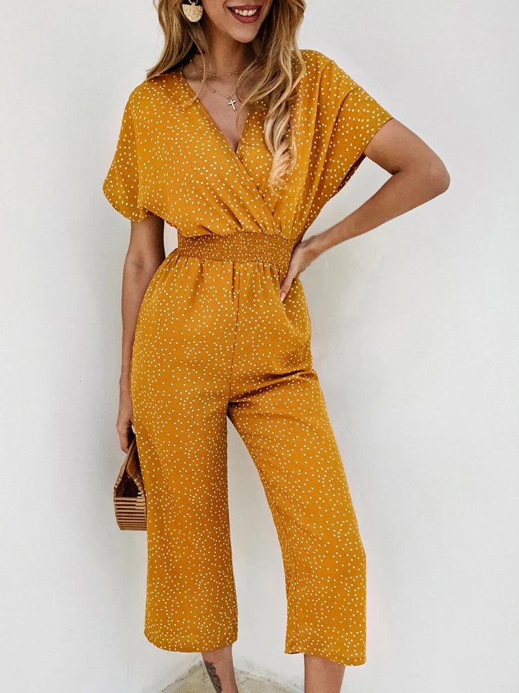 Lossky Women Jumpsuits Rompers Summer Casual Print V-neck Pocket Overalls Jumpsuit Short Sleeve Wide Leg Loose Jumpsuit - Beauty on Wings