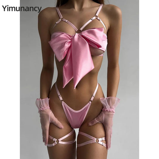 Yimunancy 3-Piece Cut Out Bow Lingerie Set 4 Colors Satin Cute Erotic Set Solid Brief Underwear Set Nightwear - Beauty on Wings