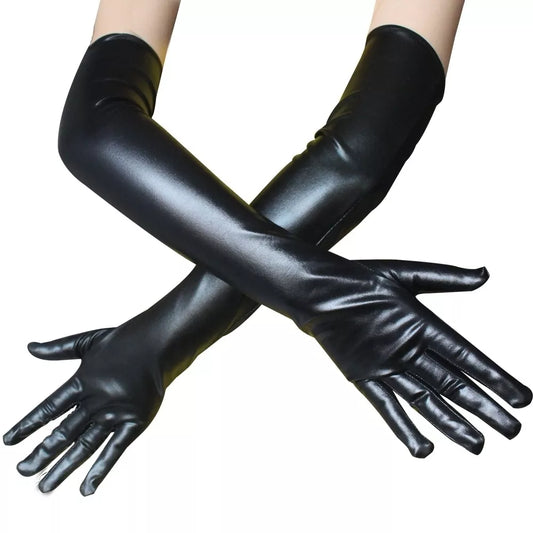 Sexy Stretch PU Leather Skinny Long Glove Punk Rock Hip Hop Jazz Disco Dance Gloves Shiny Metallic Mittens Cosplay Accessory - Beauty on Wings