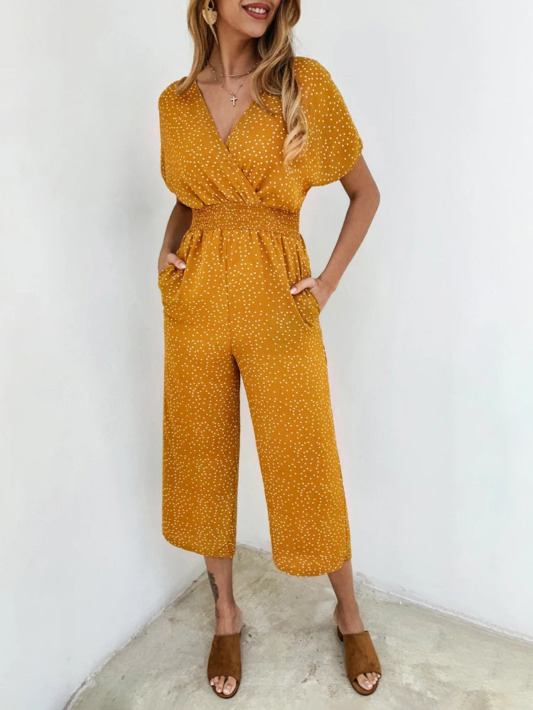 Lossky Women Jumpsuits Rompers Summer Casual Print V-neck Pocket Overalls Jumpsuit Short Sleeve Wide Leg Loose Jumpsuit - Beauty on Wings