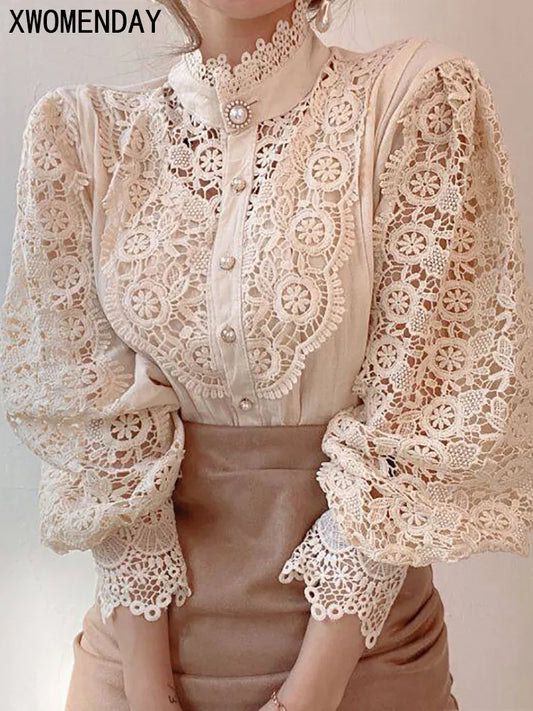 Women Chiffon Button Turtleneck Shirt Chic Elegant Floral Lace Fluffy Long Sleeve Top Fashion Hollow Oversize White Blouse 2024 - Beauty on Wings