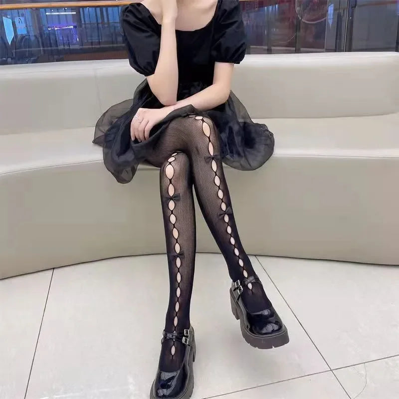 Lolita Cosplay Girls Bowknot Hollow Out Pantyhose Sexy Thin Ins Tide Lace Tights Anime Socks Black White Fishnet Silk Stockings - Beauty on Wings