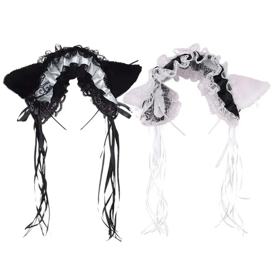 Gothic Lolita Maid Women Girl's Ruffles Lace Headband Plush Cat Ears Ribbon Bell Lolita Cosplay Hair Hoop - Beauty on Wings