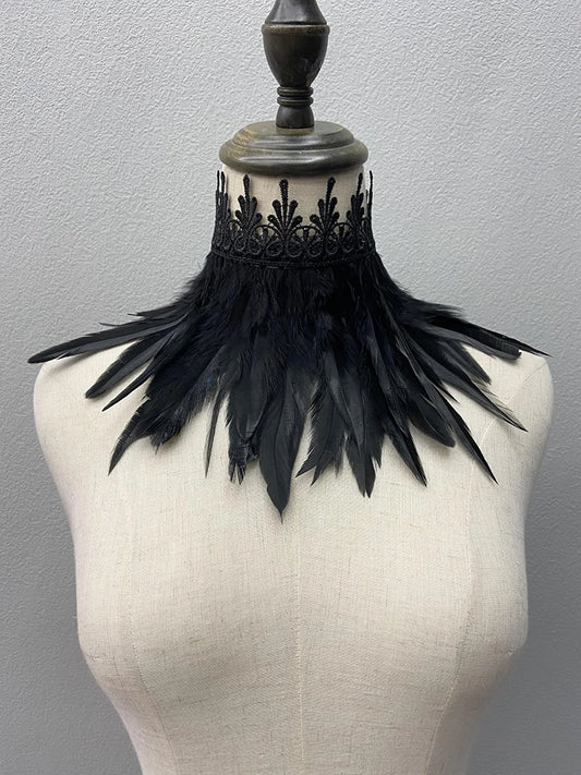 Black Feather Choker Collar Sexy Lace Women Neck Cover Punk Cape Shawl Party Cosplay Natural Feather With Lace Fake Collar - Beauty on Wings