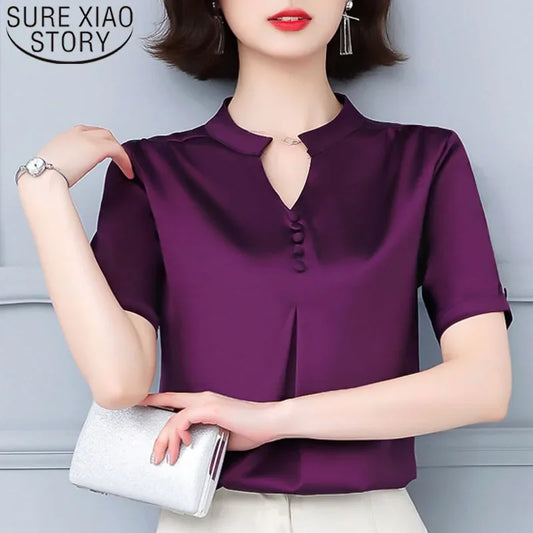 Summer Fashion Women Tops Short Sleeve Shirts Casual Elegant Ladies Blouse Office Lady Button V-neck Women Clothing 5379 50 - Beauty on Wings